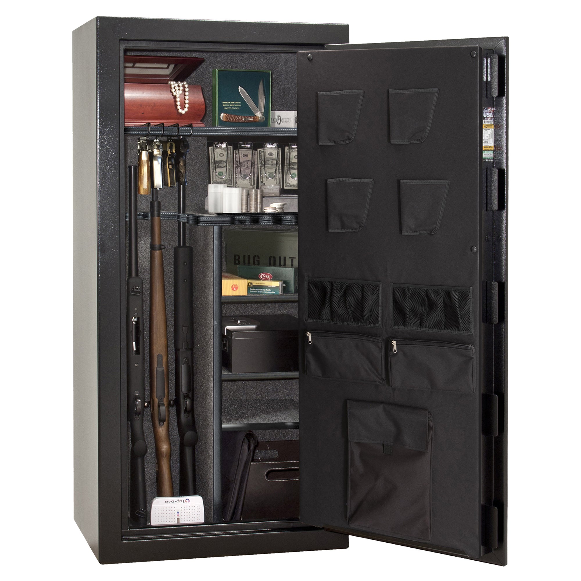 Centurion DLX 24 | Level 1 Security | 40 Minute Fire Protection | Dimensions: 59.5" x 28.25" x 20" | Textured Black | Chrome | Elock - Drop Handle Promotion - Open Door