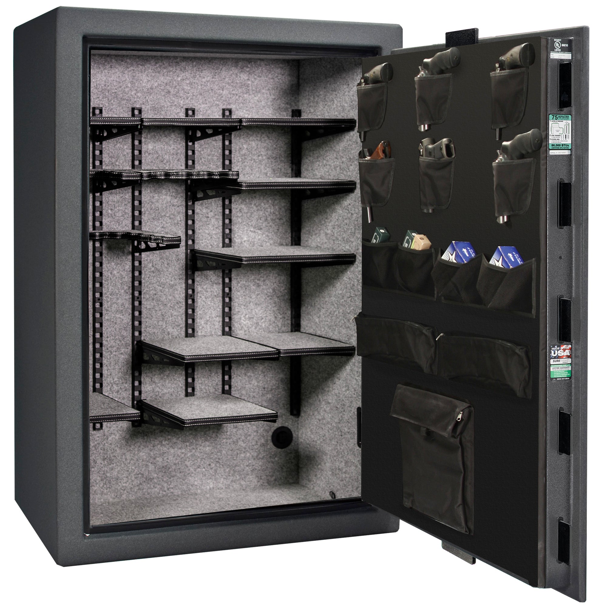 Colonial 35 | Pro Flex Interior | Level 4 Security | 75 Minute Fire Protection | Dimensions: 60.5"(H) x 42"(W) x 22"(D) | Up to 45 Long Guns | Granite Textured | Electronic Lock – Open