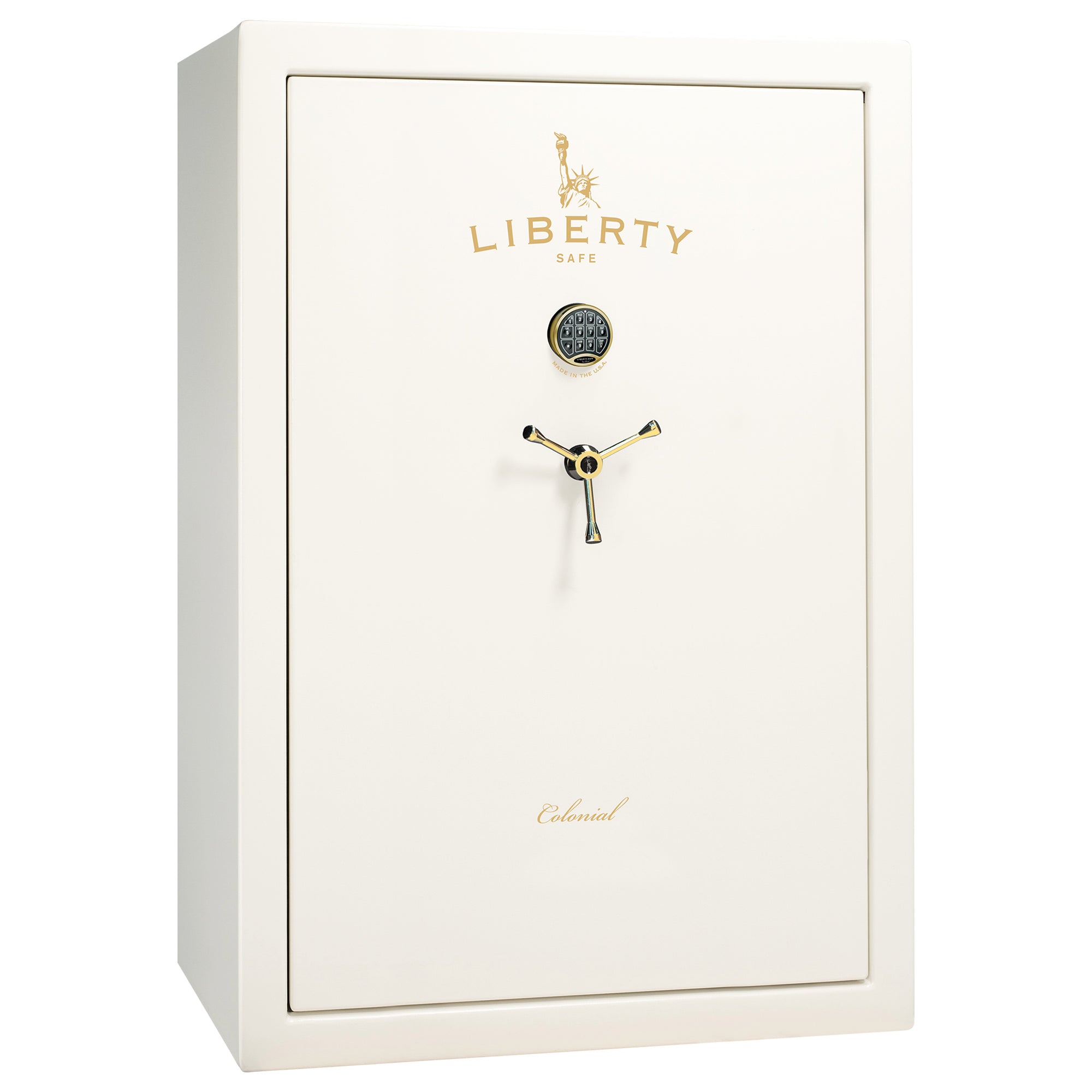 Colonial 35 | Pro Flex Interior | Level 4 Security | 75 Minute Fire Protection | Dimensions: 60.5"(H) x 42"(W) x 22"(D) | Up to 45 Long Guns | White Gloss Brass | Electronic Lock - Closed