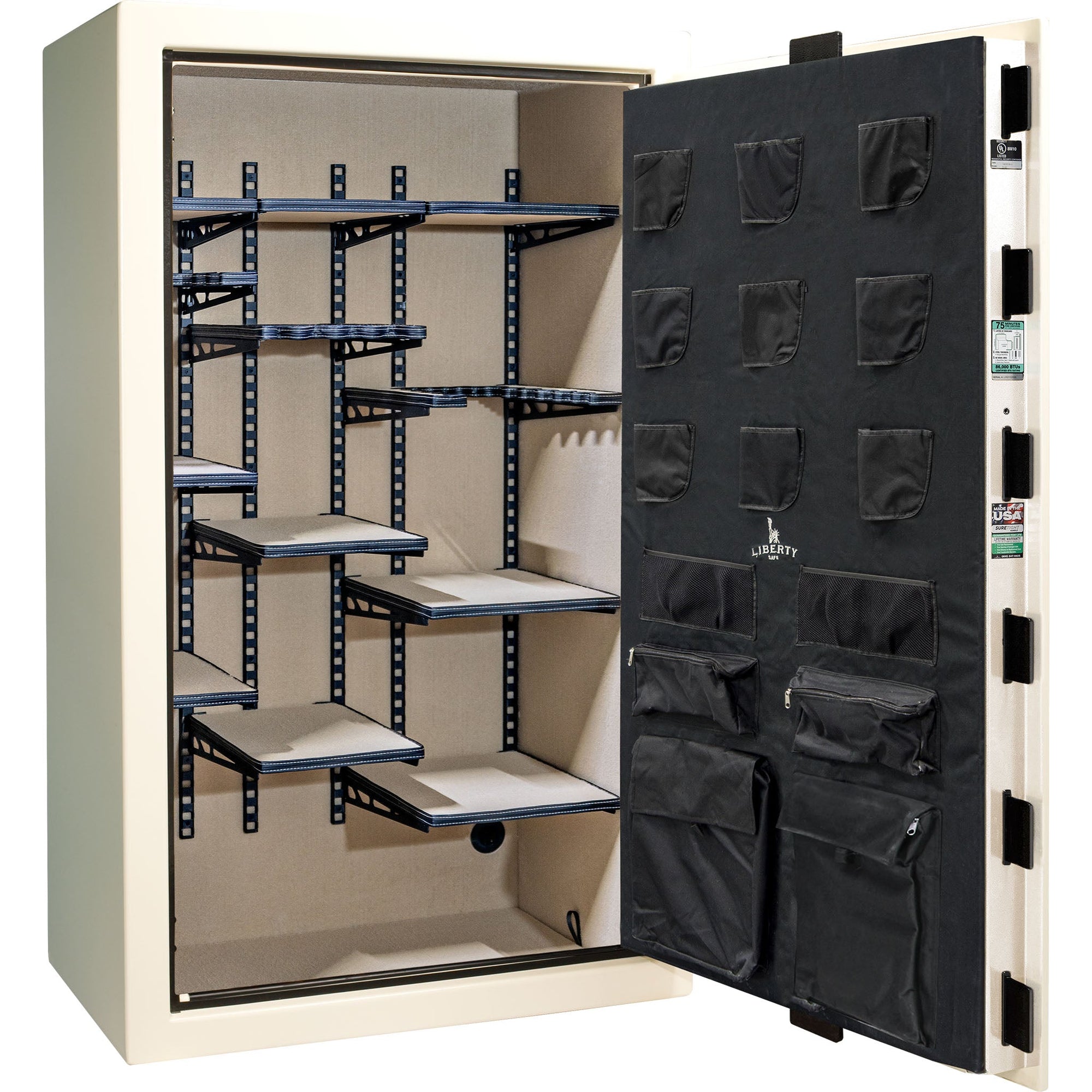 Colonial Series | Level 4 Security | 75 Minute Fire Protection | 50 PRO FLEX | DIMENSIONS: 72.5"(H) X 42"(W) X 27.5"(D*) | White Gloss Black Chrome | Electronic Lock - Open